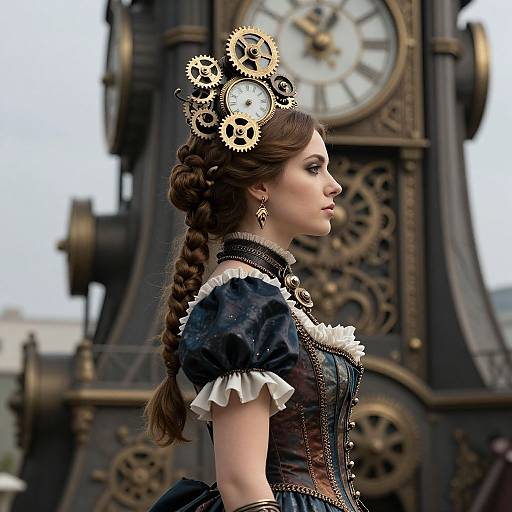 Steampunk portrait of a fair-skinned woman with braided brown hair, wearing a black dress adorned with white lace and gear crown, standing in