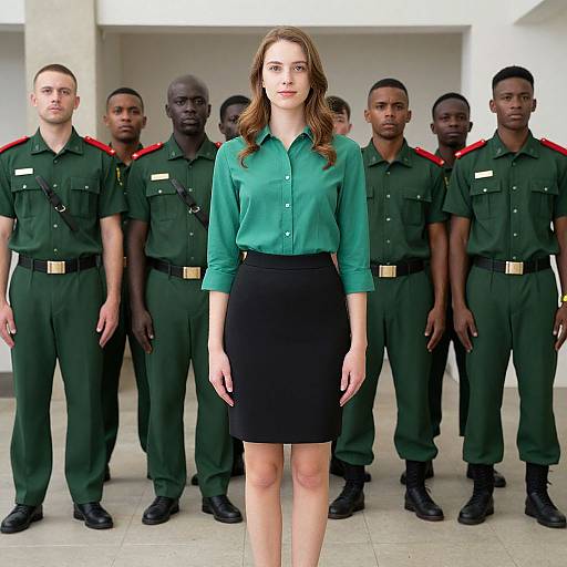 Photograph of a white woman in a green blouse and black skirt standing front-center, flanked by six diverse male soldiers in green uniforms with red shoulder