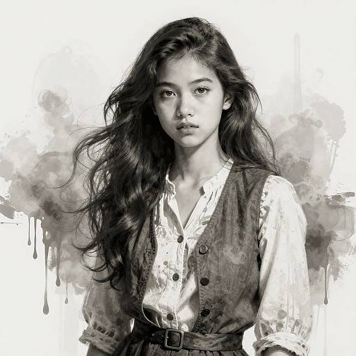 Black-and-white digital portrait of a young Asian woman with long, wavy hair, wearing a buttoned vest over a white blouse, looking directly at
