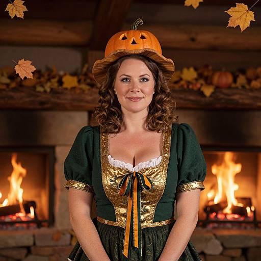 Photograph of a smiling woman with curly brown hair, wearing a carved pumpkin hat, green and gold medieval-style dress, standing in front of a roaring