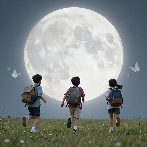 Photograph of three children with backpacks running towards a large, glowing full moon in a dark sky, surrounded by butterflies.
