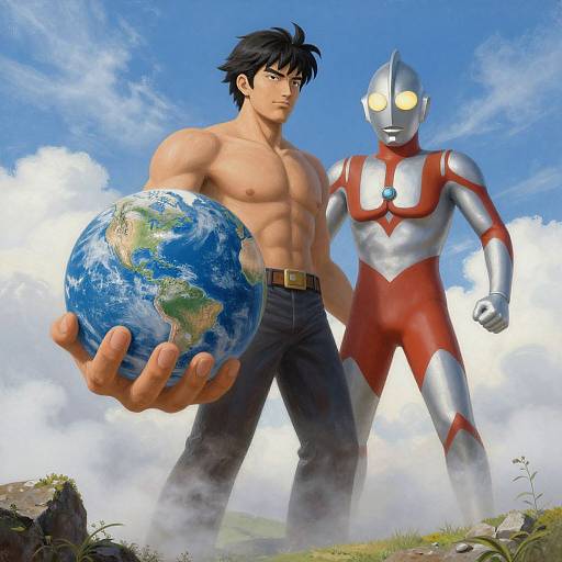 Muscular anime man with black hair, shirtless, holding Earth, stands beside silver and red robot with glowing eyes, against cloudy sky.
