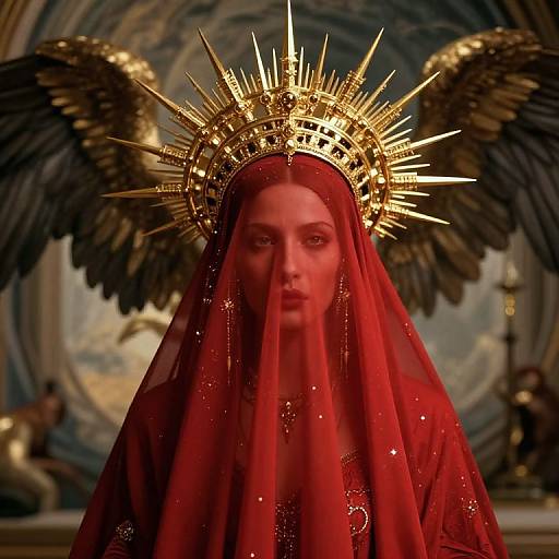 Photograph of a solemn woman with pale skin, red veil, and golden crown adorned with spikes and black wings, set against a celestial background.