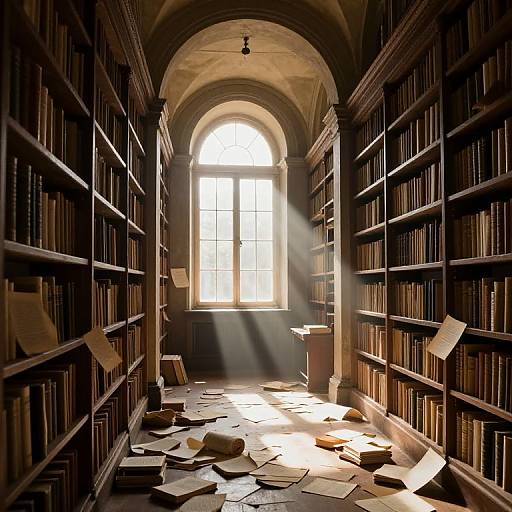 Photograph of a sunlit, old library with wooden bookshelves, scattered papers, and light streaming through an arched window.