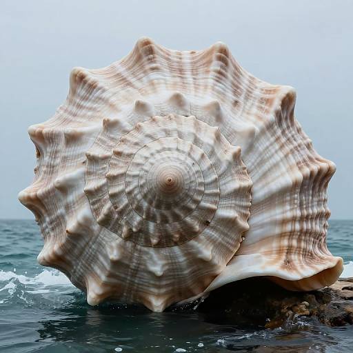 Photograph of a large, spiral-patterned, beige and brown conch shell partially submerged in dark ocean water with a clear, light blue sky background