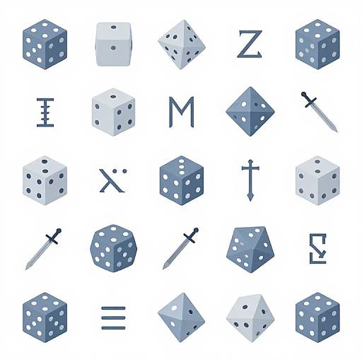 Digital illustration of blue and white dice, each with different numbers (1-6), alongside corresponding black letters (I, Z, M, X,