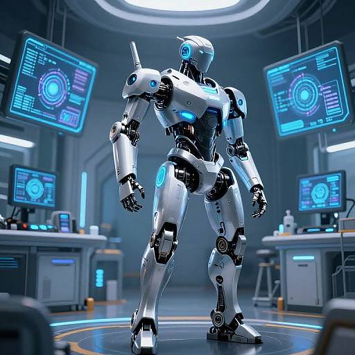CGI image of a sleek, silver humanoid robot with blue accents standing in a futuristic lab, surrounded by glowing blue screens.