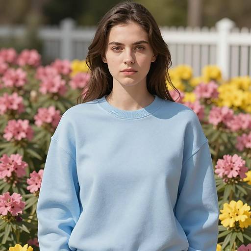 Young Woman in Light Blue Sweatshirt Outdoors
