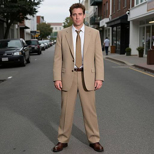 Photograph of a young, white man with short brown hair, wearing a beige suit, white shirt, and brown tie, standing on a quiet urban