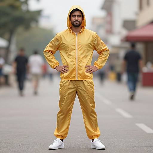 Photograph of a bearded man in a shiny gold tracksuit with hood, standing confidently on a blurred city street.