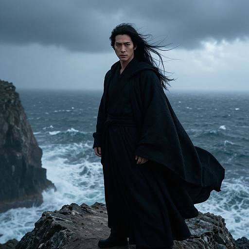 Photograph of a stern, dark-haired man in a black cloak standing on rocky cliff with stormy ocean and cloudy sky backdrop.