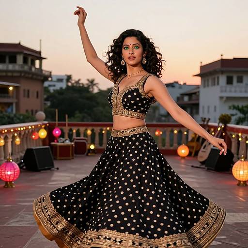 Photograph of a curly-haired South Asian woman in a black polka dot lehenga with gold trim, dancing on a rooftop at sunset, surrounded by