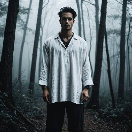 Man in White Tunic Standing in Foggy Forest