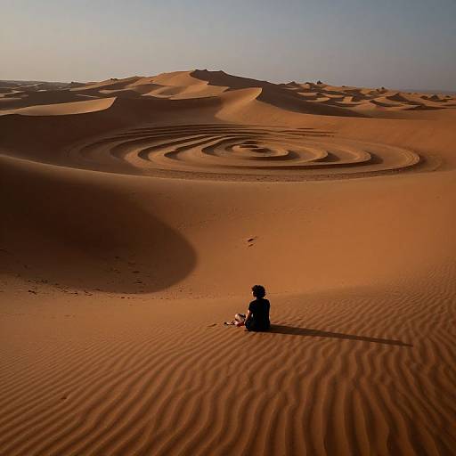 Photograph of a lone silhouette of a person sitting in a vast, rippled orange desert with sand dunes under a clear blue sky.