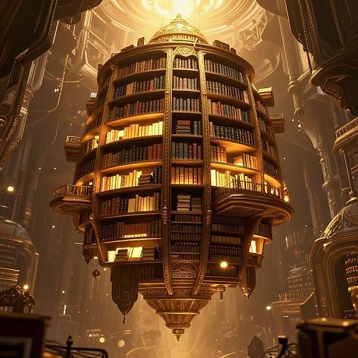 Photorealistic CGI of a glowing, floating, cylindrical library with illuminated bookshelves in a dark, industrial, futuristic setting. Warm light emanates