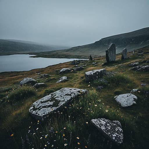 Misty Moorland at Dusk with Standing Stones