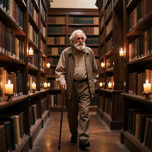 Bearded Elder with Cane in Candlelit Library
