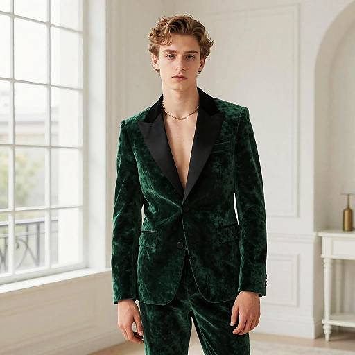 Photograph of a young, fair-skinned man with wavy brown hair, wearing a dark green velvet blazer with black lapels, no shirt