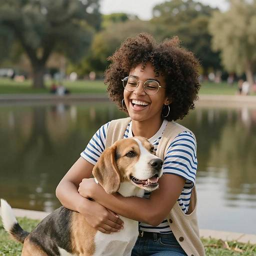 Joyful Moments: Woman and Beagle in Park