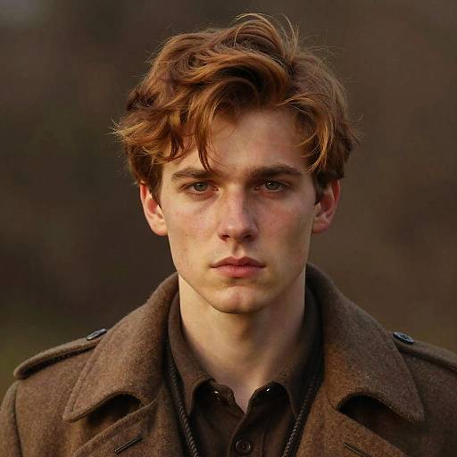 Photograph of a young, handsome man with tousled brown hair, fair skin, and intense blue eyes, wearing a brown military-style coat, against