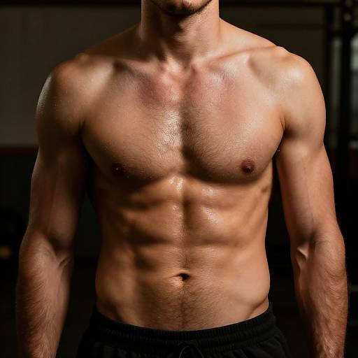 Photograph of a muscular, shirtless man with a glistening, oiled, tan skin, defined abs, and visible chest muscles against a dark