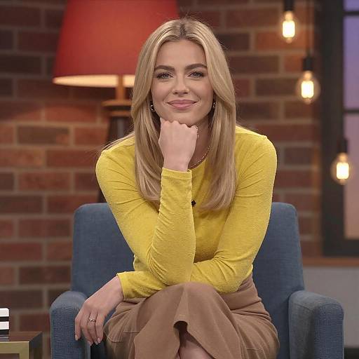 Smiling Blonde Woman Sitting Indoors