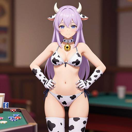 Anime-style digital artwork of a light-purple-haired girl with cow horns, wearing a cow-print bikini, gloves, and thigh-high stockings, standing in a
