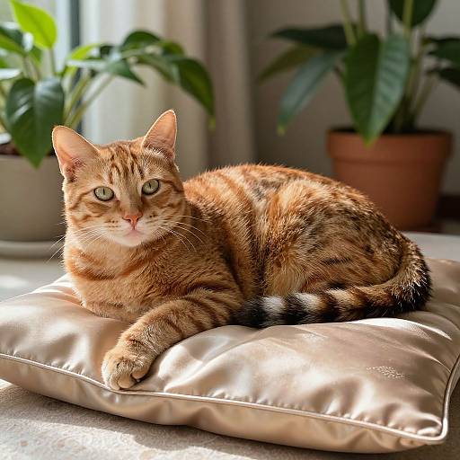 Photograph of a orange tabby cat with green eyes lounging on a shiny, beige pillow, sunlight streaming in, surrounded by potted plants.