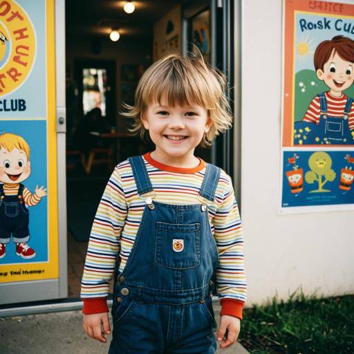 Smiling Toddler Boy in Striped Tee and Overalls
