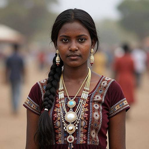 Photograph of a young African woman with dark skin, long braided hair, wearing a maroon embroidered dress and multiple gold necklaces, standing in