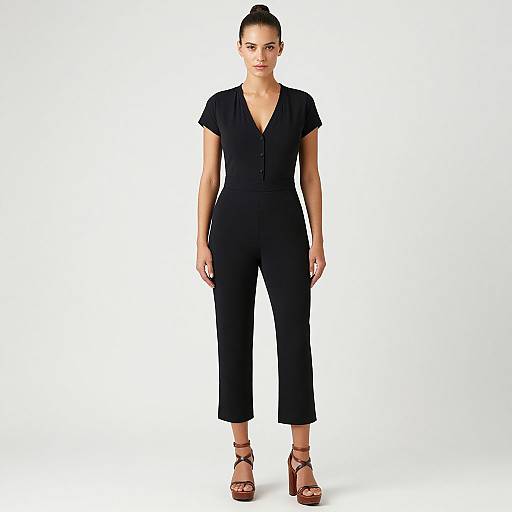 Photograph of a woman with dark hair in a bun, wearing a black short-sleeve jumpsuit and brown high-heeled sandals, standing against