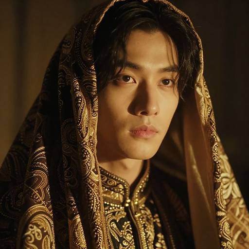 Photograph of a serious Asian man with medium-length black hair, wearing an ornate brown and gold embroidered headscarf and matching garment, illuminated by