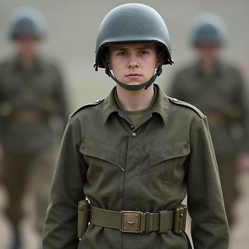 Photograph of a serious young woman in World War II-era military uniform with black helmet, green jacket, and belt, standing in front of blurred soldiers