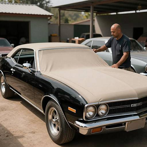 Man Draping Cover Over Classic Muscle Car