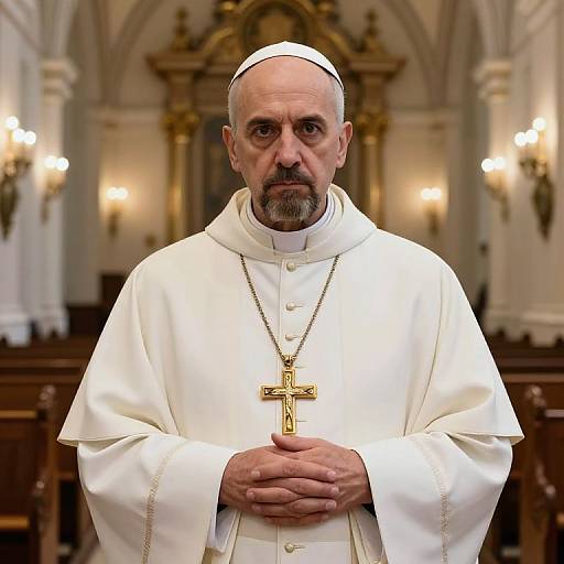 Photograph of an elderly Catholic Pope with a white cassock, skullcap, and gold cross necklace, standing in a dimly lit, ornate