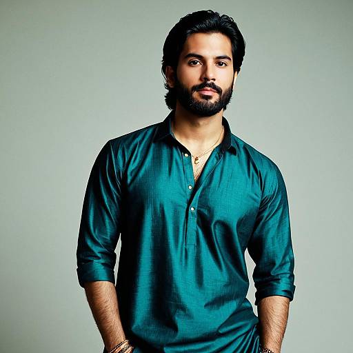 Man in Teal Kurta Shirt with Bracelet