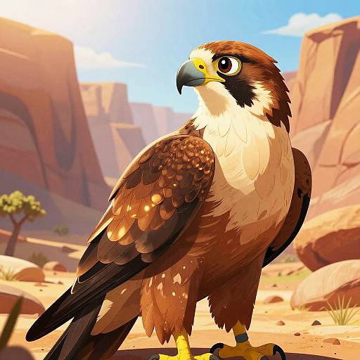 Digital illustration of a brown and white hawk with sharp yellow eyes, standing on rocky desert ground, surrounded by sandy cliffs and a bright blue sky.