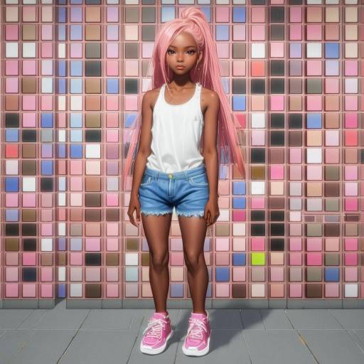 Young Woman with Pink Hair Against Colorful Tile Wall