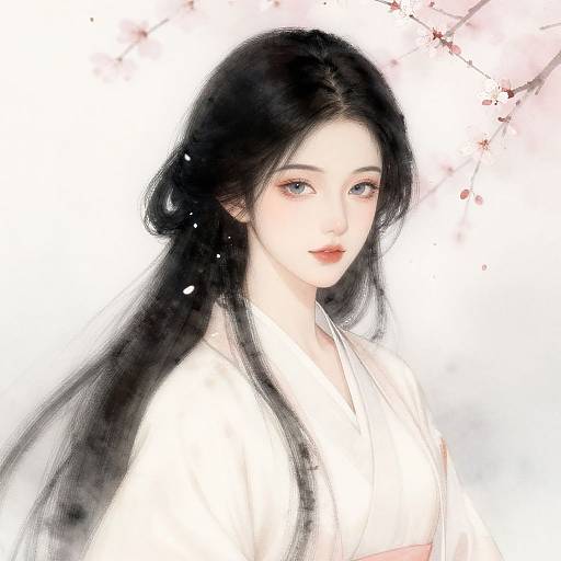 Digital anime-style portrait of a fair-skinned woman with long black hair, light blue eyes, and soft pink lips, wearing a white robe, against