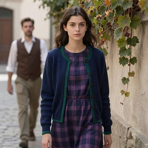 Woman in Plaid Dress by Wall