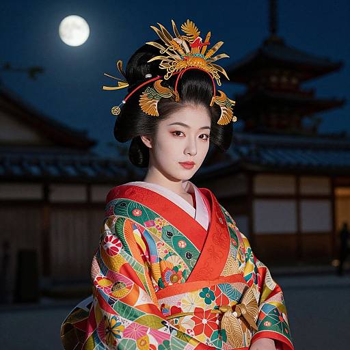 Photograph of a young Asian woman in a colorful, floral kimono with intricate gold hair ornaments, standing at night under a full moon in front of