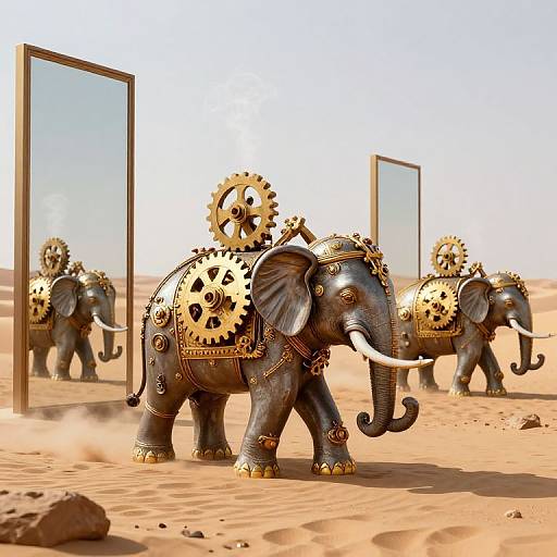 Photorealistic CGI: Three black elephants adorned with gold gears and ornate jewelry, walking in a desert with reflective mirrors.