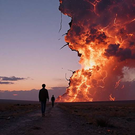 Photograph of a silhouetted man and child walking towards a massive, fiery explosion with bright orange flames and dark smoke against a twilight sky.