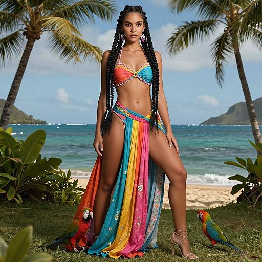Photograph of a Black woman with long braids, wearing a colorful bikini and rainbow sarong, standing on a tropical beach with palm trees and a