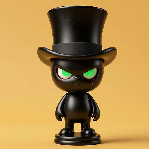 Photograph of a black, chibi-style figurine with angry green eyes, a top hat, and a small bloody tear, standing against a yellow