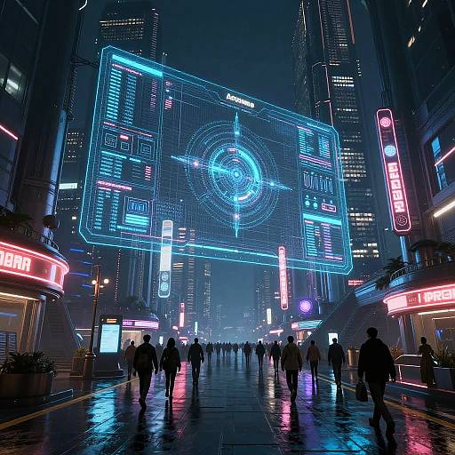 Neon-lit cyberpunk city street at night, large holographic grid display overhead, people walking, wet pavement reflecting colorful lights, tall skyscrap