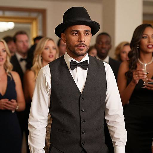 Photograph of a handsome, bearded Black man in a black vest, white shirt, bow tie, and black hat, standing in a crowded,