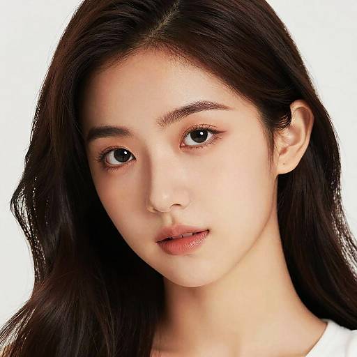 Photorealistic digital portrait of an Asian woman with long, dark brown hair, fair skin, and large, dark eyes, set against a white background