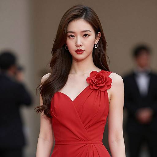 Photograph of an Asian woman with long dark hair, wearing a red, one-shoulder dress with a flower, and red lipstick, standing in