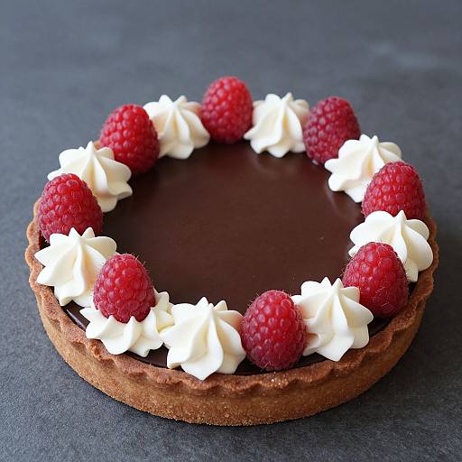 Photograph of a round, chocolate-topped tart with a crumbly crust, adorned with white whipped cream and eight vibrant red raspberries, on